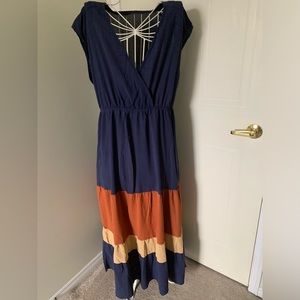 Wrap top, tiered colour block bottom maxi dress